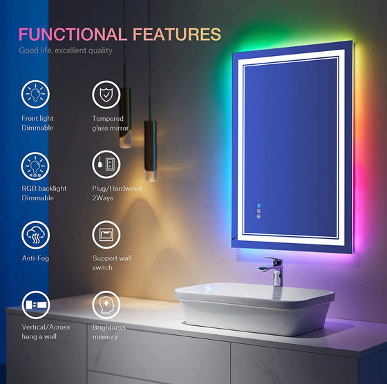 Eifanf W20 x H28" Square LED bathroom mirror with lights RGB Color Changing Silver L001AC7050RGB