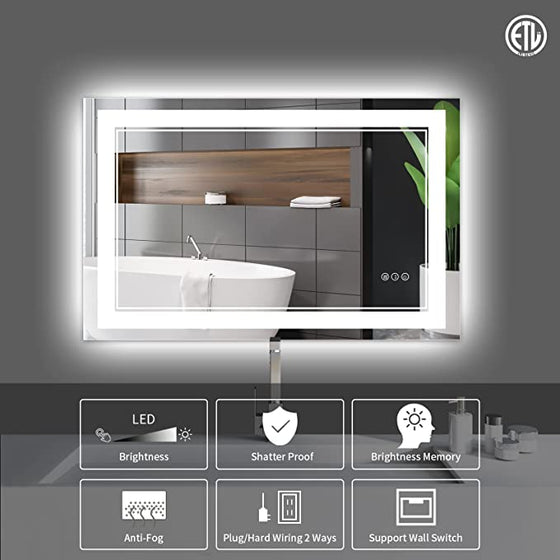 Eifanf W40 x H24" Square Bathroom Led Mirror 3 Color,Silver L001AC10060