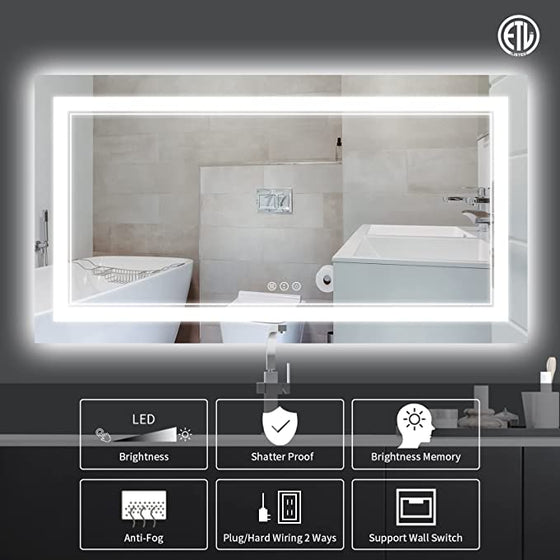 Eifanf W60 x H28" Square LED Lighted Bathroom Mirror with Front and Backlight Silver L001B15070