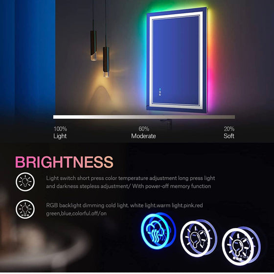 Eifanf W20 x H28" Square LED bathroom mirror with lights RGB Color Changing Silver L001AC7050RGB