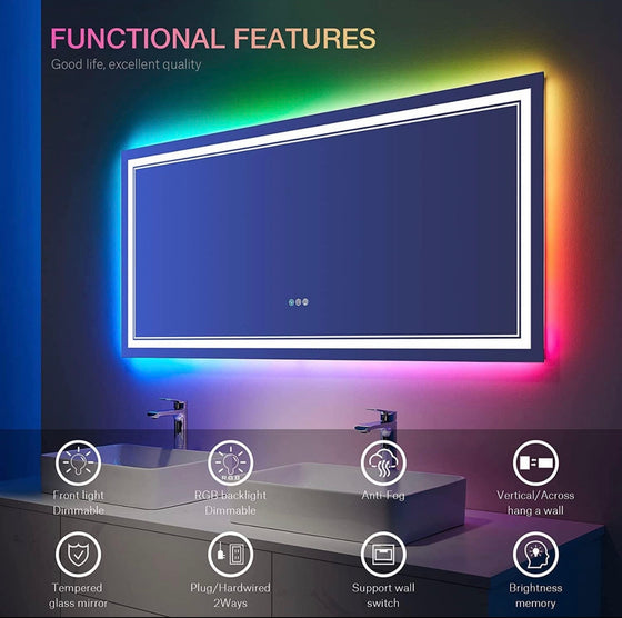 Eifanf W84 x H32" Square Bathroom Shatterproof Wall-Mounted mirror with lights Silver L001AC18181RGB