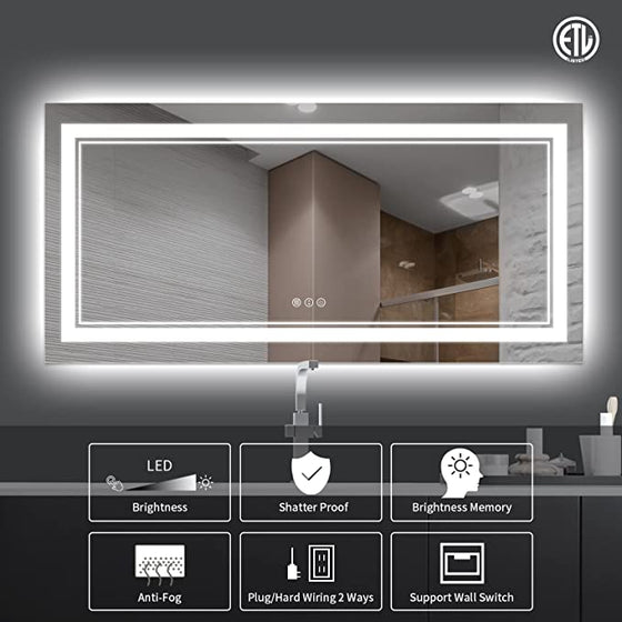 Eifanf W60 x H36" Square LED light mirror, Bathroom mirror with lights Silver L001B15090